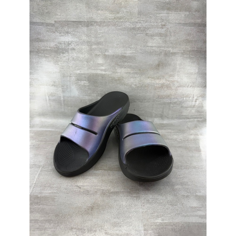 OOFOS OOahh Luxe Slide Sandals Nebula Iridescent Black M5 W7 EU 38
